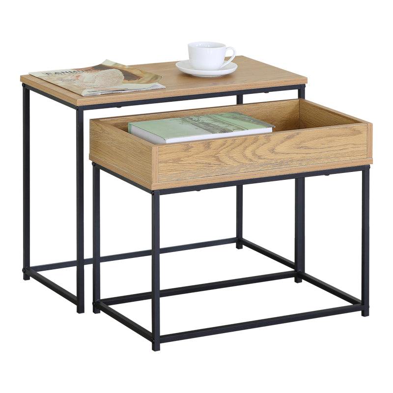 Cofelda Side Table Set of 2 Oak with Black Metal