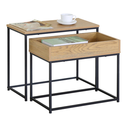 Cofelda Side Table Set of 2 Oak with Black Metal