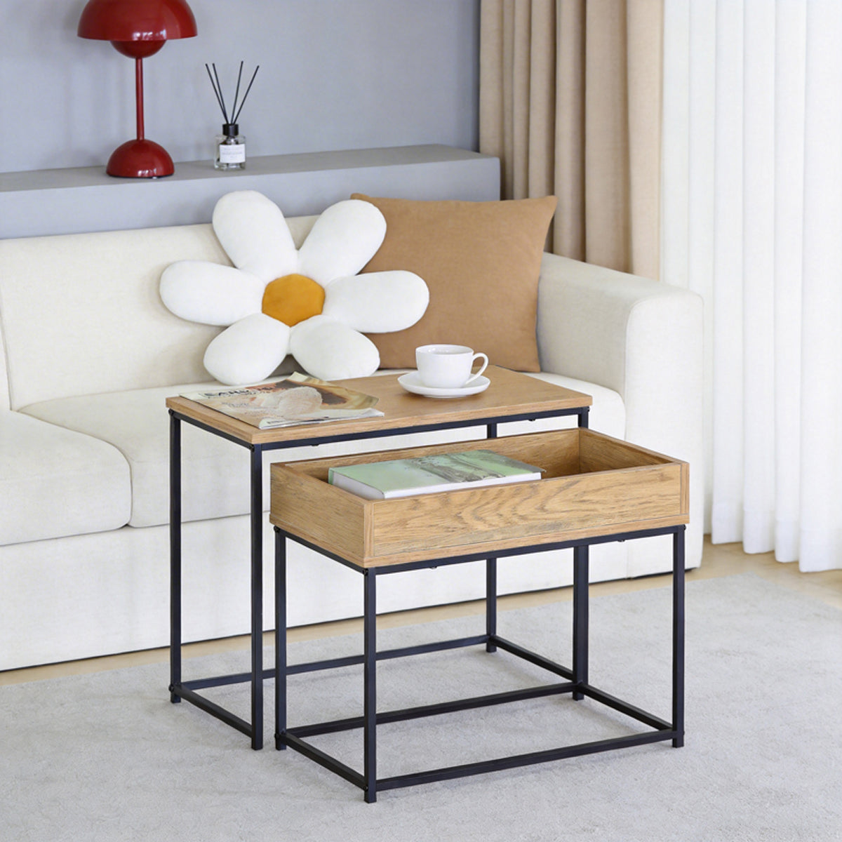 Cofelda Side Table Set of 2 Oak with Black Metal