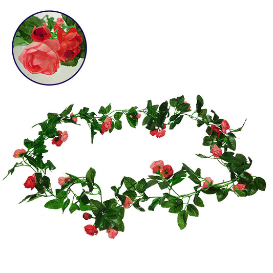  09011 Τεχνητό Κρεμαστό Φυτό Διακοσμητική Γιρλάντα Μήκους 2.2 Μέτρων Με 32 X Μικρά Τριαντάφυλλα Ροζ Κοραλί