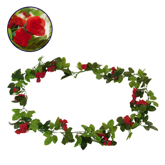  09014 Τεχνητό Κρεμαστό Φυτό Διακοσμητική Γιρλάντα Μήκους 2.2 Μέτρων Με 33 X Μικρά Τριαντάφυλλα Κόκκινα