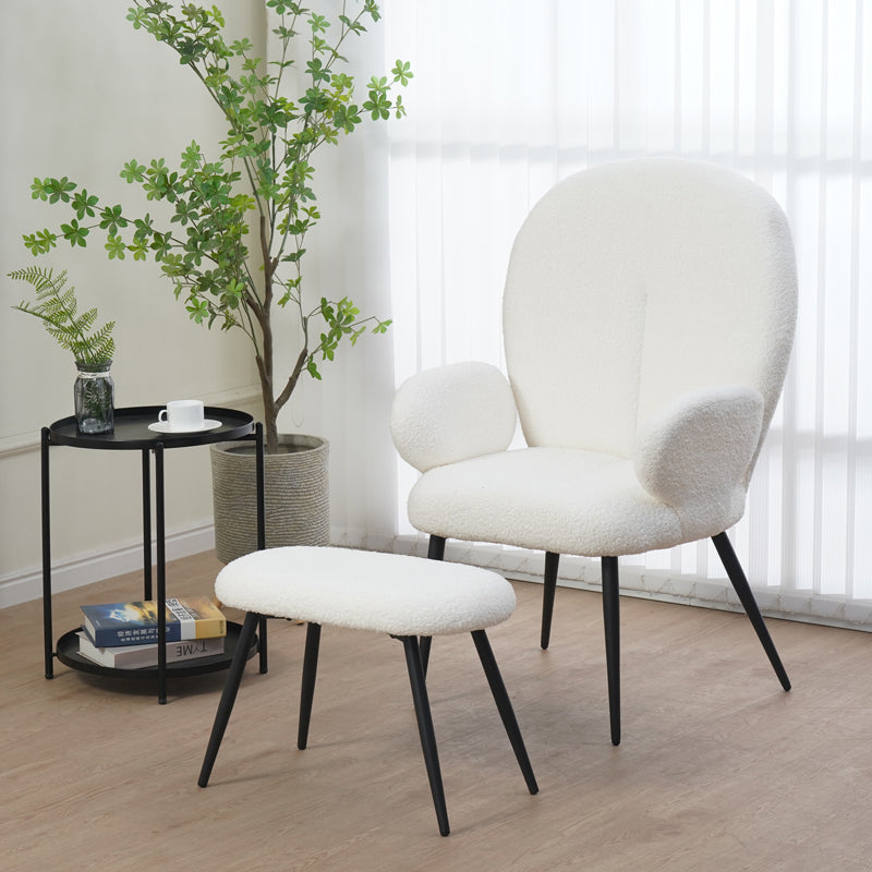 Πολυθρόνα με Υποπόδιο Qarar Μπουκλέ Ύφασμα σε Λευκή Απόχρωση με Μαύρα Μεταλλικά Πόδια 67.5x67.5x106