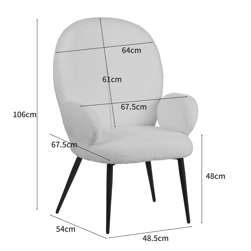 Πολυθρόνα με Υποπόδιο Qarar Μπουκλέ Ύφασμα σε Λευκή Απόχρωση με Μαύρα Μεταλλικά Πόδια 67.5x67.5x106