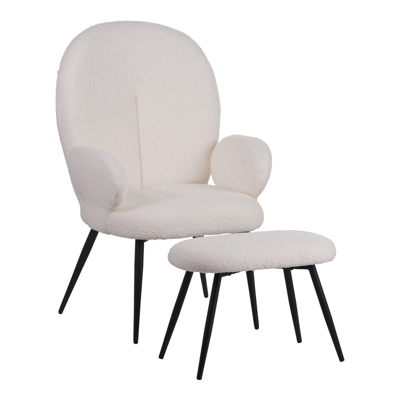 Πολυθρόνα με Υποπόδιο Qarar Μπουκλέ Ύφασμα σε Λευκή Απόχρωση με Μαύρα Μεταλλικά Πόδια 67.5x67.5x106