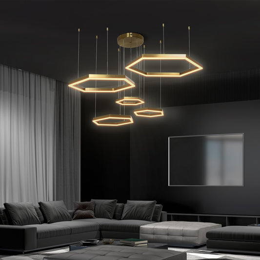 LEXAGON KLV-101-0180 Κρεμαστό Φωτιστικό Οροφής LED 120W 12000lm 200° AC 220-240V IP20 Ρυθμιζόμενο Λευκό CCT με Χειριστήριο από 2700K έως 6000K Dimmable - Lumileds SMD Chip - Χρυσό Πλατίνα - Μ110 x Π90 x Υ110