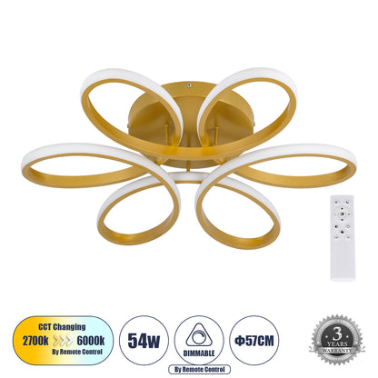 MARGARET 61403 Μοντέρνο Φωτιστικό Οροφής LED 54W 6210lm 360° AC 220-240V IP20 Ρυθμιζόμενο Λευκό CCT με Χειριστήριο από 2700K έως 6000K Dimmable - Lumileds SMD Chip - Χρυσό Βούρτσας - Μ57 x Π57 x Υ12
