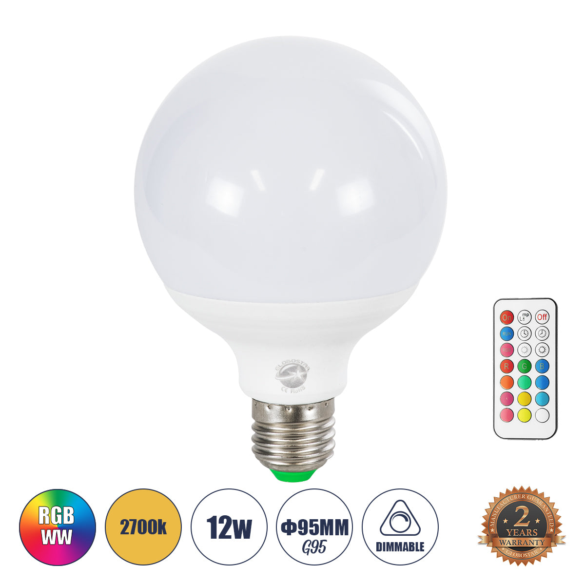 76071 Λάμπα LED E27 G95 Γλόμπος 12W 780lm 260° AC 220-240V IP20 Φ9.5 x Υ14cm - Εναλλαγή Φωτισμού μέσω Τηλεχειριστηρίου - Πολύχρωμο RGB+WW