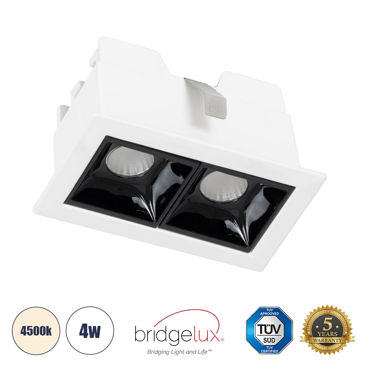 LUMINAR SUPERIOR 60316 Χωνευτό LED Spot Downlight TrimLess 4W 560lm 36° AC 220-240V IP20 Μ7.5 x Π4.3 x Υ4.5cm - Λευκό με Μαύρο Κάτοπτρο - Φυσικό Λευκό 4500K - Bridgelux High Lumen Chip Gen2 - TÜV Certified Driver