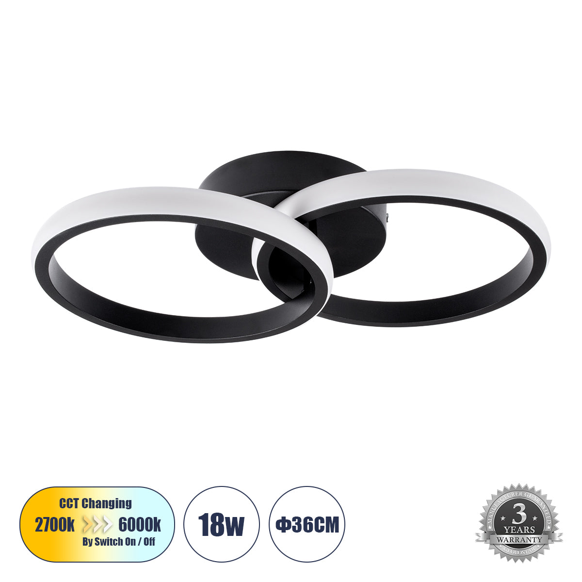 CORA 61058 Φωτιστικό Οροφής Design LED CCT 18W 2160lm 300° AC 220-240V - Εναλλαγή Φωτισμού μέσω Διακόπτη On/Off All In One Ψυχρό 6000k+Φυσικό 4500k+Θερμό 2700k Μ36 x Π20.5 x Υ7cm - Μαύρο