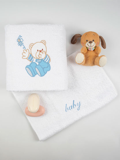 Σετ Πετσέτες Κεντητές Bear 04 White/Blue