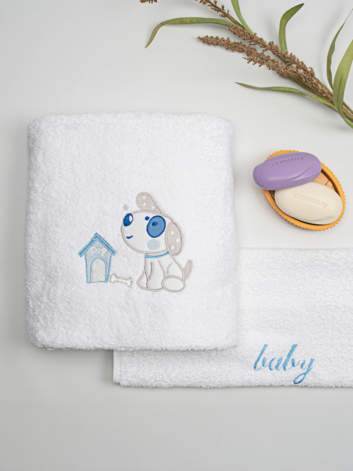 Σετ Πετσέτες Κεντητές Dog 07 White/Blue