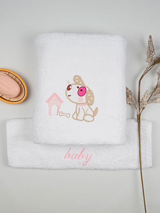 Σετ Πετσέτες Κεντητές Dog 07 White/Pink