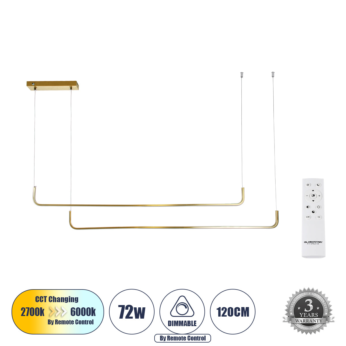 LINARIA DUO 60926 Μοντέρνο Κρεμαστό Φωτιστικό Οροφής LED 72W 8300lm 200° AC 220-240V IP20 Ρυθμιζόμενο Λευκό CCT με Χειριστήριο από 2700K έως 6000K Dimmable - Lumileds SMD Chip - Χρυσό Βούρτσας - Μ220 x Π4 x Υ25