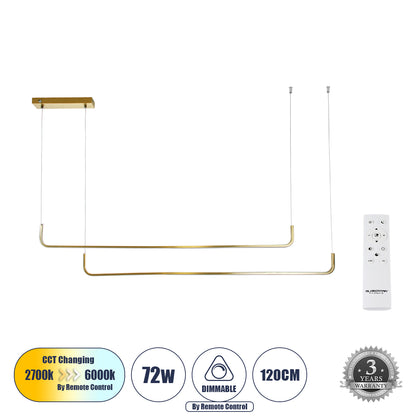 LINARIA DUO 60926 Μοντέρνο Κρεμαστό Φωτιστικό Οροφής LED 72W 8300lm 200° AC 220-240V IP20 Ρυθμιζόμενο Λευκό CCT με Χειριστήριο από 2700K έως 6000K Dimmable - Lumileds SMD Chip - Χρυσό Βούρτσας - Μ220 x Π4 x Υ25