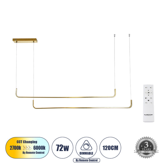 LINARIA DUO 60926 Μοντέρνο Κρεμαστό Φωτιστικό Οροφής LED 72W 8300lm 200° AC 220-240V IP20 Ρυθμιζόμενο Λευκό CCT με Χειριστήριο από 2700K έως 6000K Dimmable - Lumileds SMD Chip - Χρυσό Βούρτσας - Μ220 x Π4 x Υ25