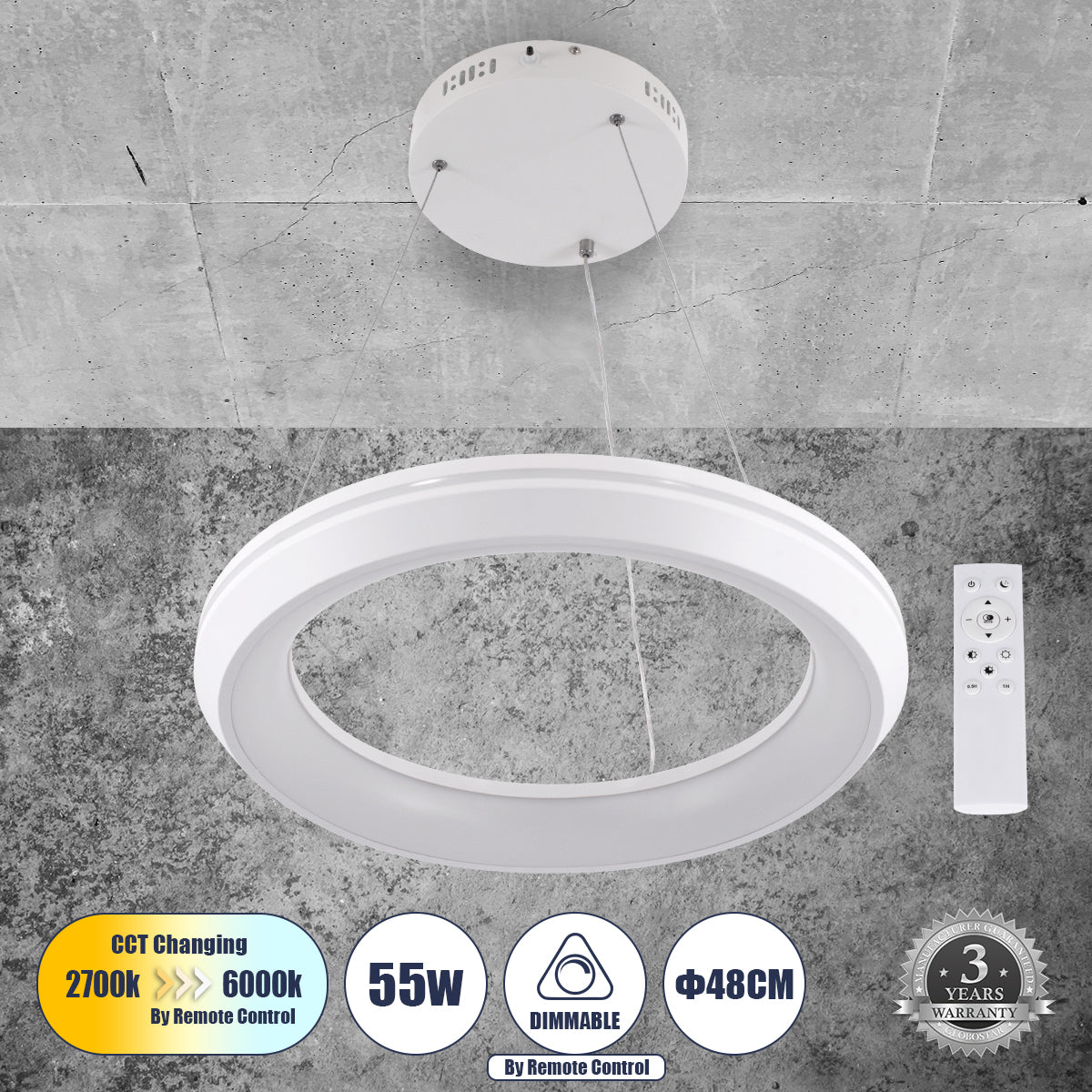 MELINA 61044 Κρεμαστή Πλαφονιέρα Οροφής Κύκλος LED CCT 55W 6376lm 120° AC 220-240V - Εναλλαγή Φωτισμού μέσω Τηλεχειριστηρίου All In One Ψυχρό Λευκό 6000k+Φυσικό Λευκό 4500k+Θερμό Λευκό 2700k Dimmable Φ48cm - Λευκό