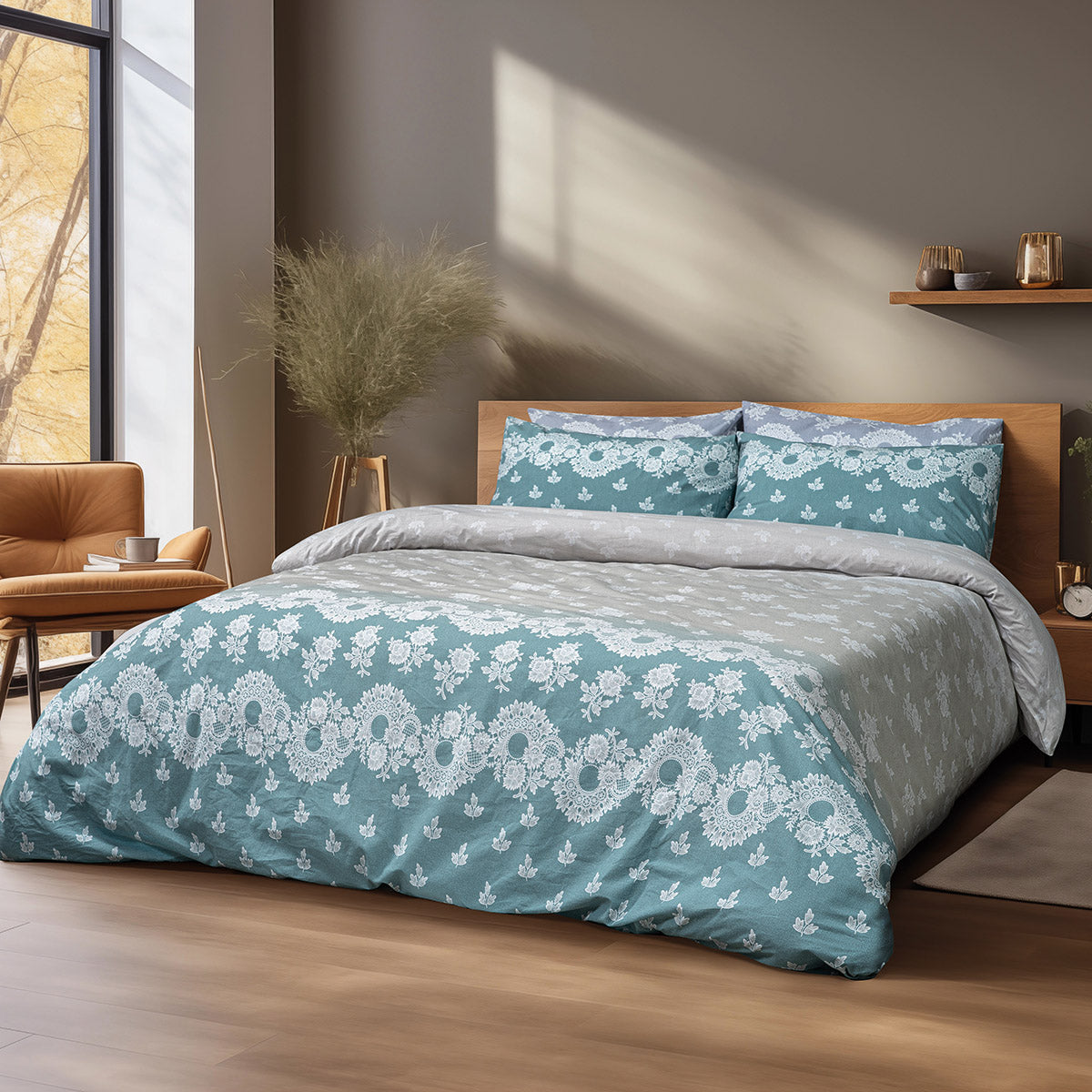 Σετ Σεντόνια Υπέρδιπλα με Λάστιχο Palm Art 12186 170x200+30εκ Πετρόλ-Μπεζ