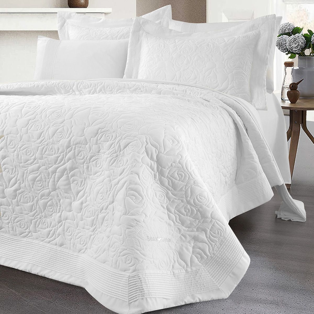 King Size Quilted Bedspread Set Rose Art 12500 230x250cm White