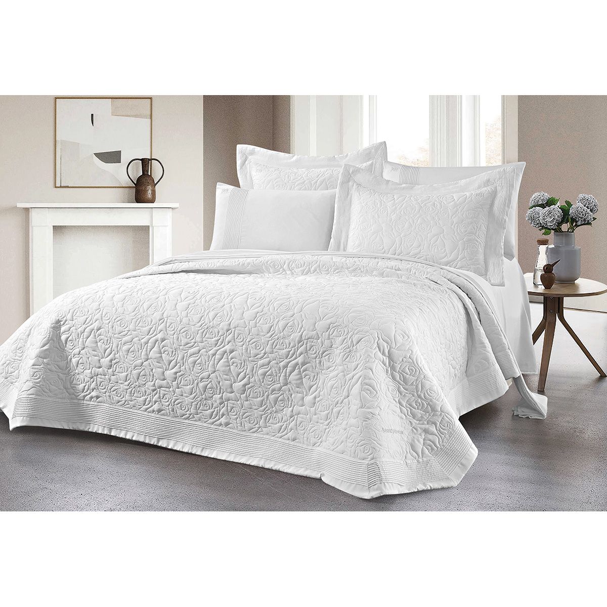 King Size Quilted Bedspread Set Rose Art 12500 230x250cm White