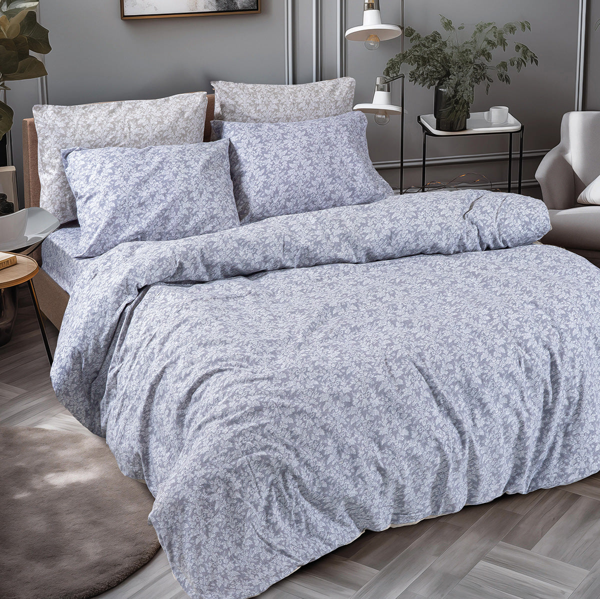 Σετ Σεντόνια Φανελένια King Size με Λάστιχο Flame Art 12631 185x200+32εκ Γκρι