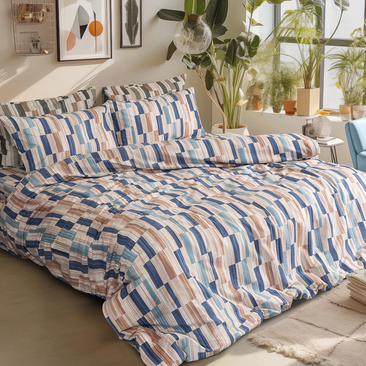 Σετ Σεντόνια Φανελένια King Size με Λάστιχο Candy Art 12633 185x200+32εκ Μπεζ-Μπλε