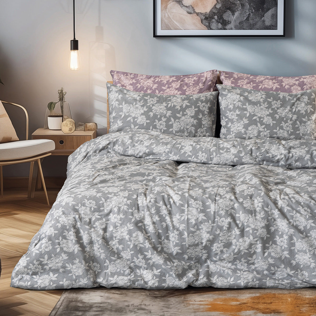 Σετ Σεντόνια Φανελένια King Size με Λάστιχο Merlot Art 12634 185x200+32εκ Γκρι