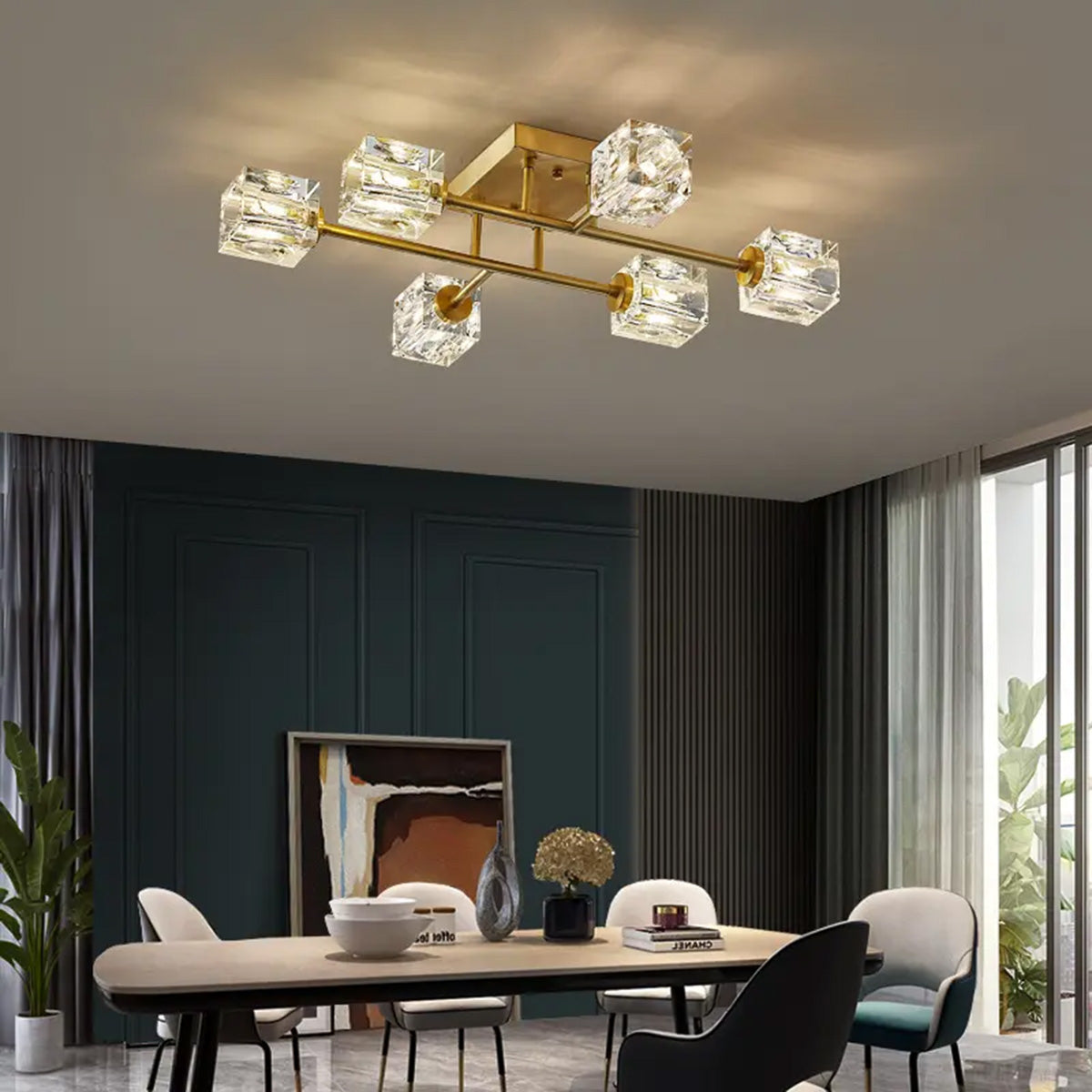 Φωτιστικό Οροφής Μεταλλικό 6 x G9 58x38x11 εκ. Gold Brass με Κρύσταλλα
