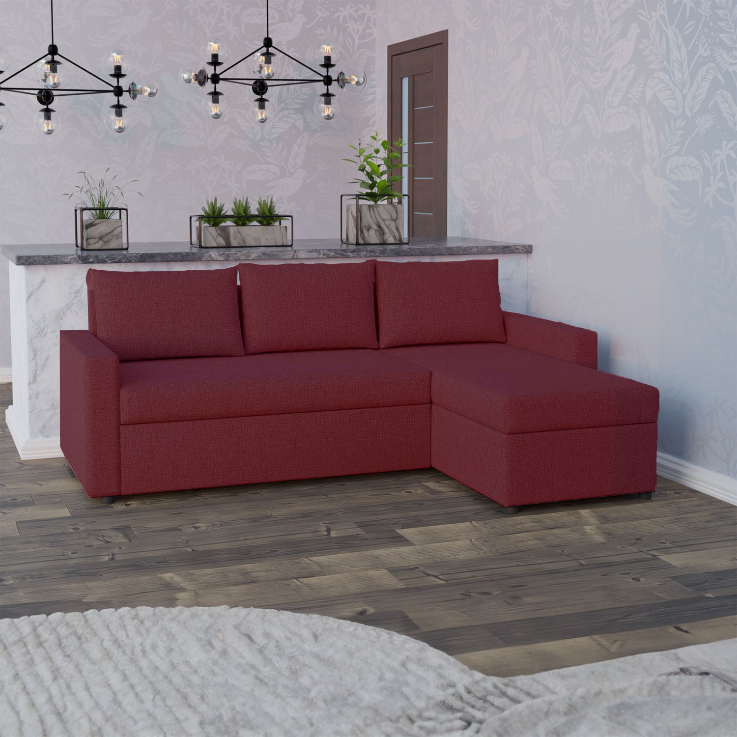 Γωνιακός Καναπές Κρεβάτι Concept με Αναστρέψιμη Γωνία & Αποθηκευτικό Χώρο Μπορντώ 218x153x80