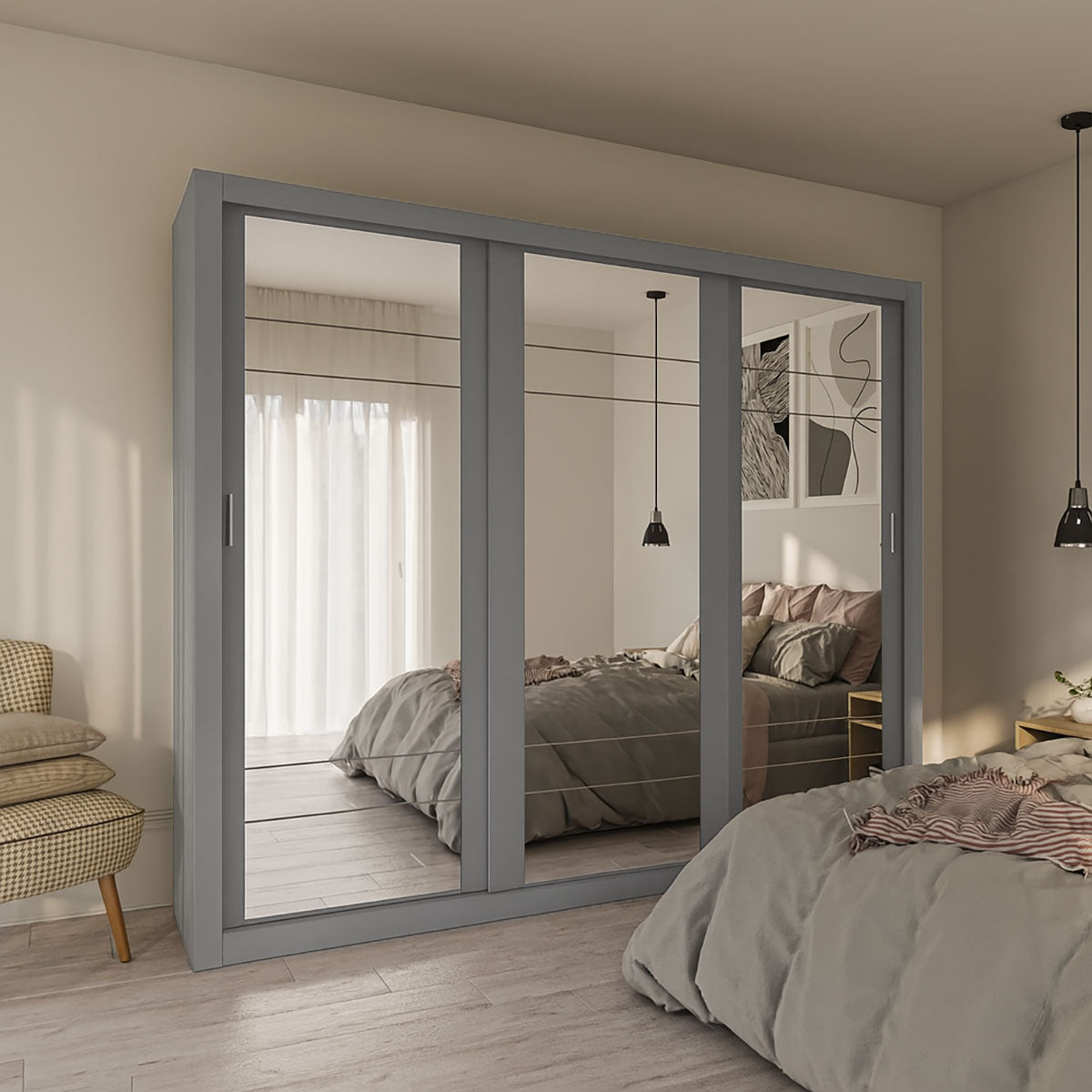 Ντουλάπα Grandio Γκρι με Καθρέφτη 250x60x215