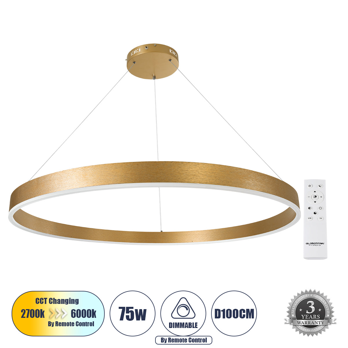 VENOM 61184 Κρεμαστό Φωτιστικό Δαχτυλίδι-Κύκλος LED CCT 75W 8818lm 120° AC 220-240V - Εναλλαγή Φωτισμού μέσω Τηλεχειριστηρίου All In One Ψυχρό 6000K+Φυσικό 4500K+Θερμό 2700K Dimmable Φ100cm - Χρυσό Βούρτσας