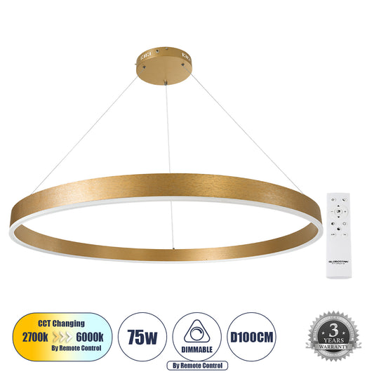 VENOM 61184 Κρεμαστό Φωτιστικό Δαχτυλίδι-Κύκλος LED CCT 75W 8818lm 120° AC 220-240V - Εναλλαγή Φωτισμού μέσω Τηλεχειριστηρίου All In One Ψυχρό 6000K+Φυσικό 4500K+Θερμό 2700K Dimmable Φ100cm - Χρυσό Βούρτσας