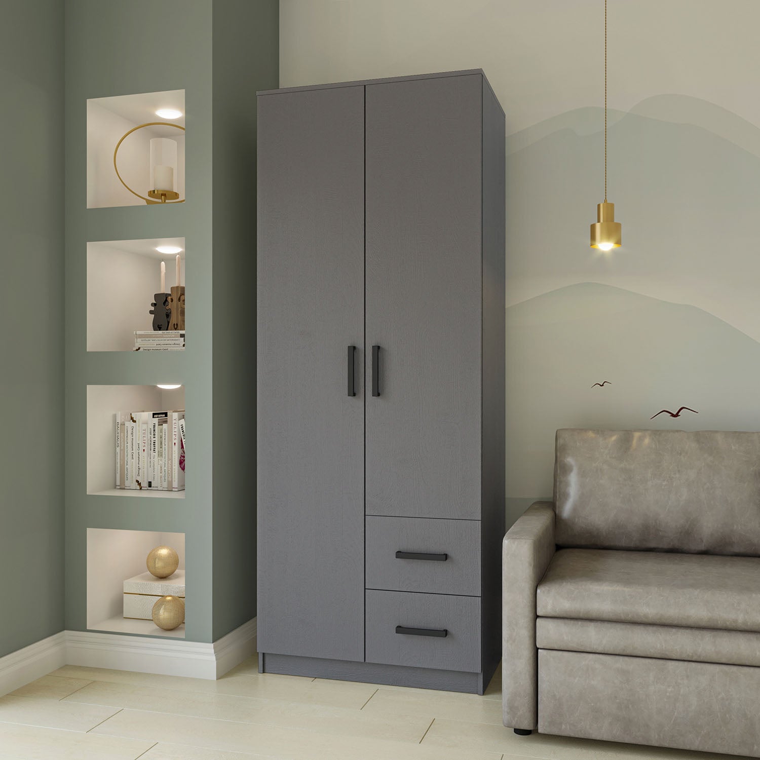 Ντουλάπα Δίφυλλη με Συρτάρια Simple Γραφίτης 80x52x205
