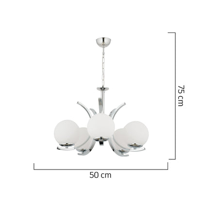 Φωτιστικό Κρεμαστό LACERTA Πεντάφωτο Ασημί/Λευκό Μέταλλο/Γυαλί 50x75εκ