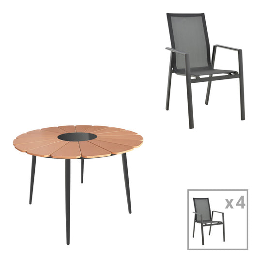 Τραπεζαρία Pinap-Dashiell Σετ 5 Τεμ Μαύρο Αλουμίνιο και Plywood σε Φυσική Απόχρωση Φ110x74