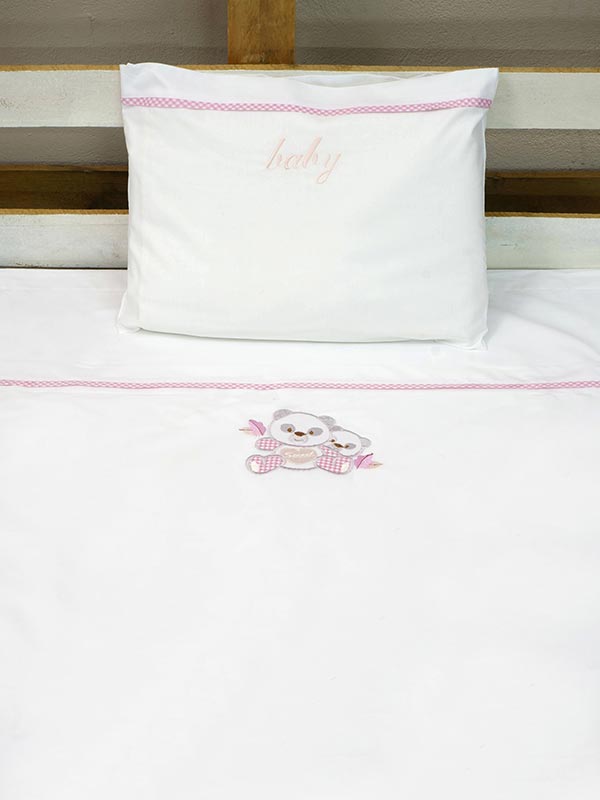 Σεντόνια Κεντητά Κούνιας Panda 02 Pink Κούνιας