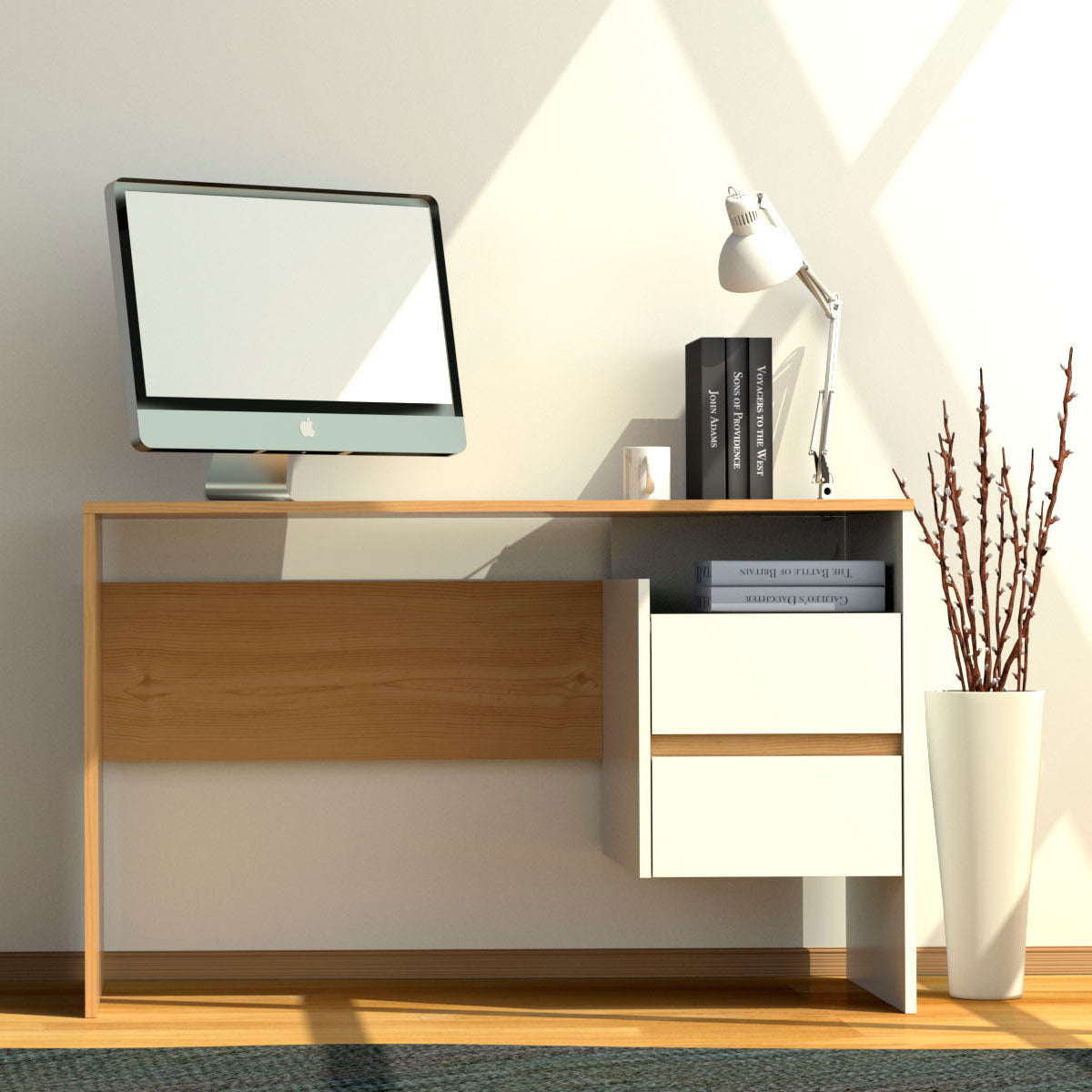 Γραφείο Ho Λευκό με Φυσικό Μοντέρνα Σχεδίαση με Συρτάρια 120x55x75