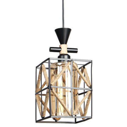 Φωτιστικό Μεταλλικό Κρεμαστό Μονόφωτο Ε27 16x16x33 εκ. Μαύρο με Σχοινί και Γυαλί