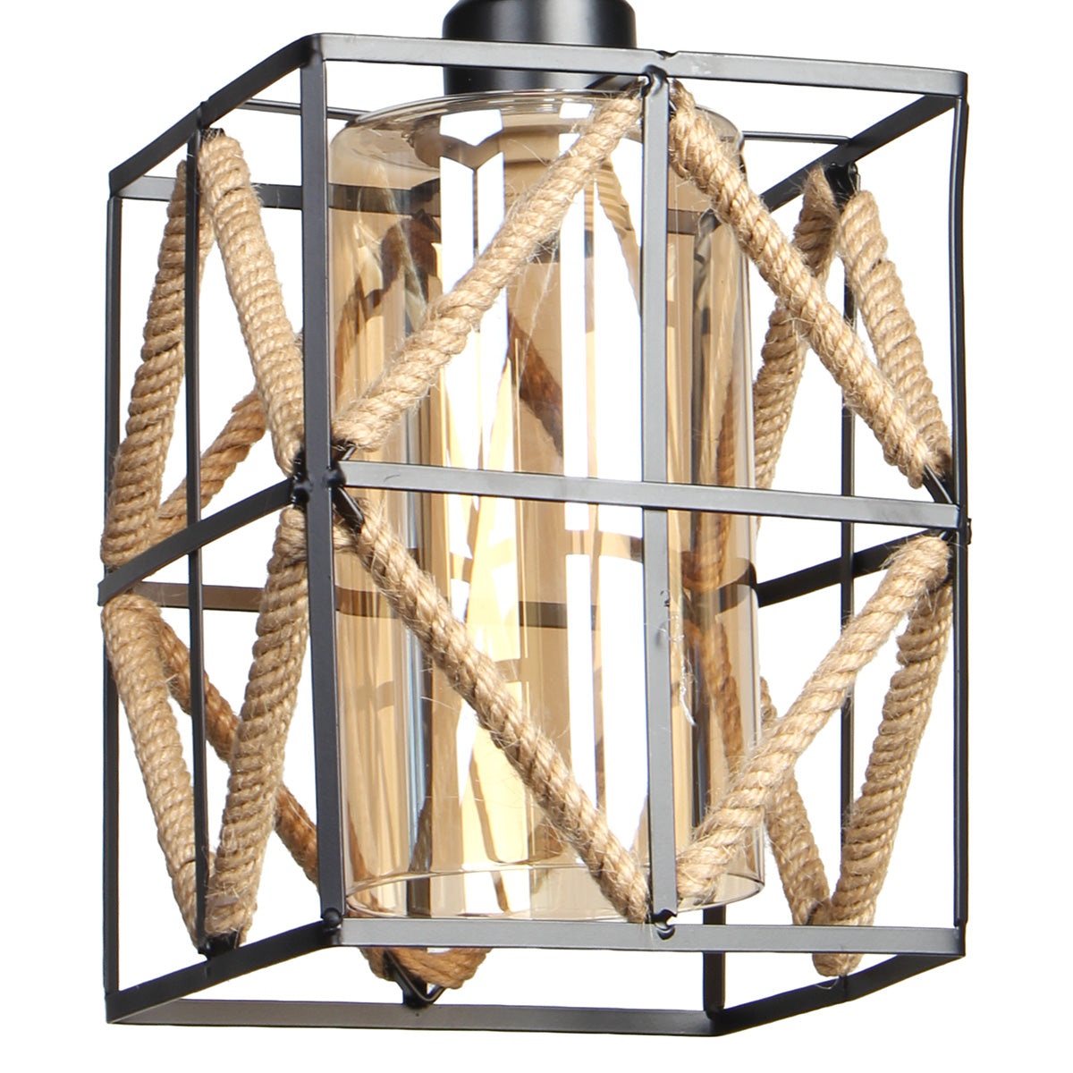 Φωτιστικό Μεταλλικό Κρεμαστό Μονόφωτο Ε27 16x16x33 εκ. Μαύρο με Σχοινί και Γυαλί