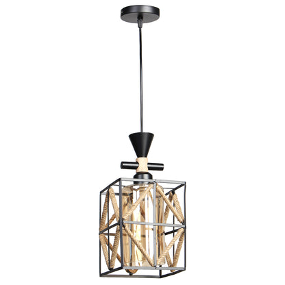 Φωτιστικό Μεταλλικό Κρεμαστό Μονόφωτο Ε27 16x16x33 εκ. Μαύρο με Σχοινί και Γυαλί