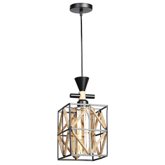 Φωτιστικό Μεταλλικό Κρεμαστό Μονόφωτο Ε27 16x16x33 εκ. Μαύρο με Σχοινί και Γυαλί