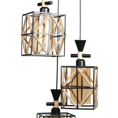 Φωτιστικό Μεταλλικό Κρεμαστό Άνισο 3 x Ε27 Φ23 εκ. Μαύρο με Σχοινί και Γυαλιά