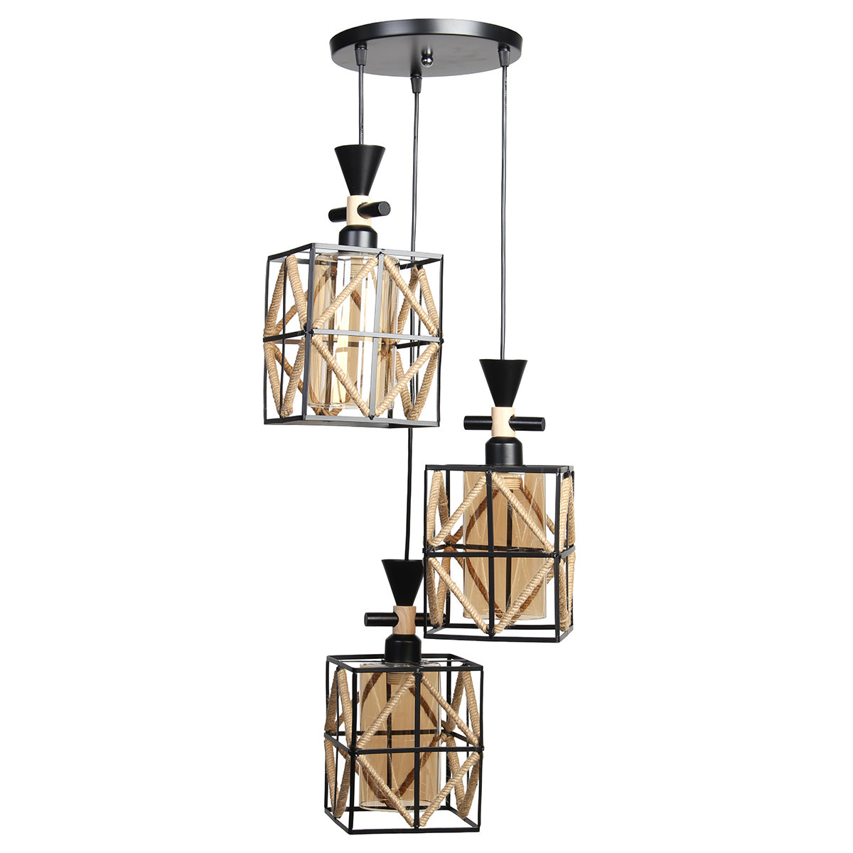 Φωτιστικό Μεταλλικό Κρεμαστό Άνισο 3 x Ε27 Φ23 εκ. Μαύρο με Σχοινί και Γυαλιά