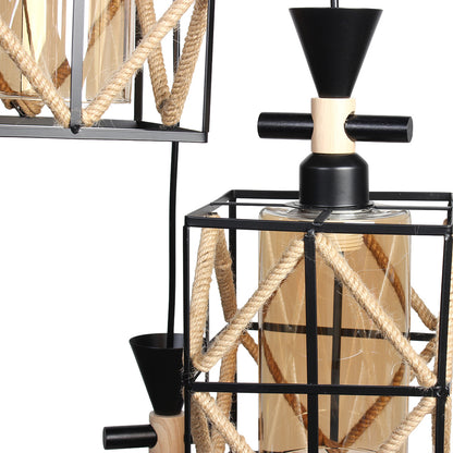 Φωτιστικό Μεταλλικό Κρεμαστό Άνισο 3 x Ε27 Φ23 εκ. Μαύρο με Σχοινί και Γυαλιά