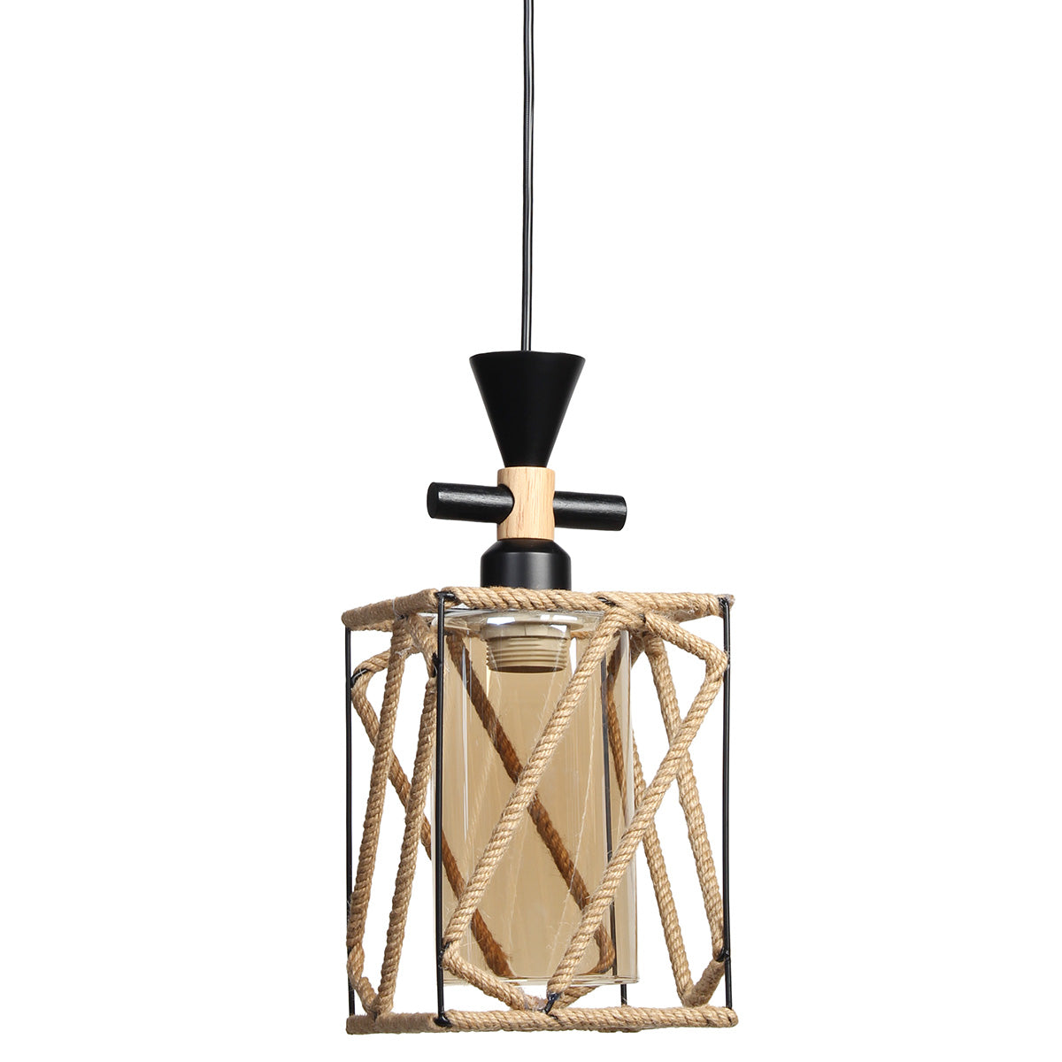 Φωτιστικό Μεταλλικό Κρεμαστό Μονόφωτο Ε27 15,5x15,5x33 εκ. Μαύρο με Σχοινί και Γυαλί