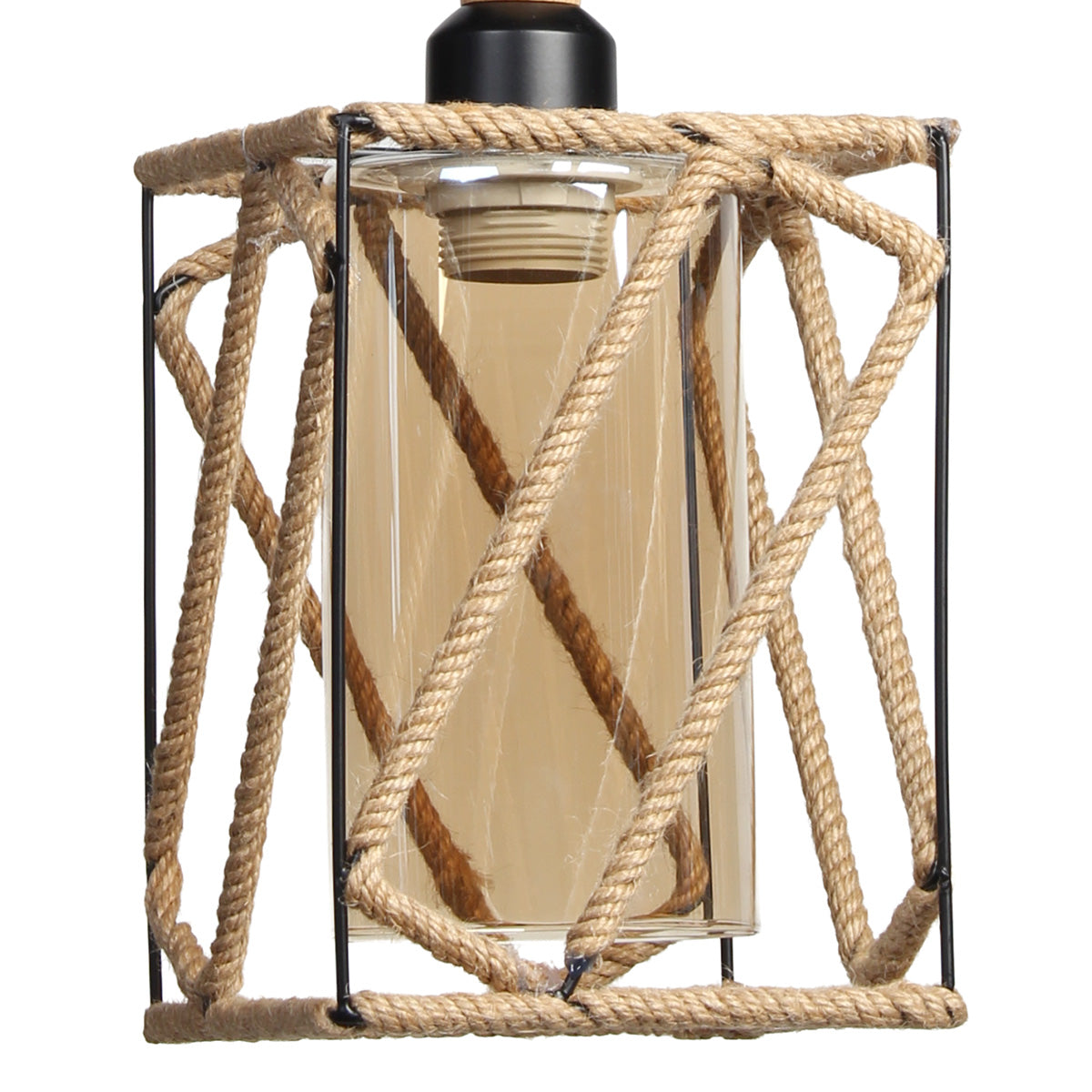 Φωτιστικό Μεταλλικό Κρεμαστό Μονόφωτο Ε27 15,5x15,5x33 εκ. Μαύρο με Σχοινί και Γυαλί
