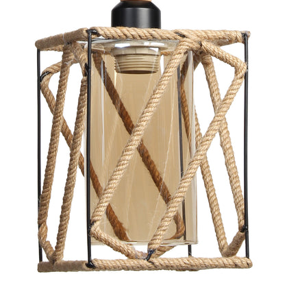 Φωτιστικό Μεταλλικό Κρεμαστό Μονόφωτο Ε27 15,5x15,5x33 εκ. Μαύρο με Σχοινί και Γυαλί