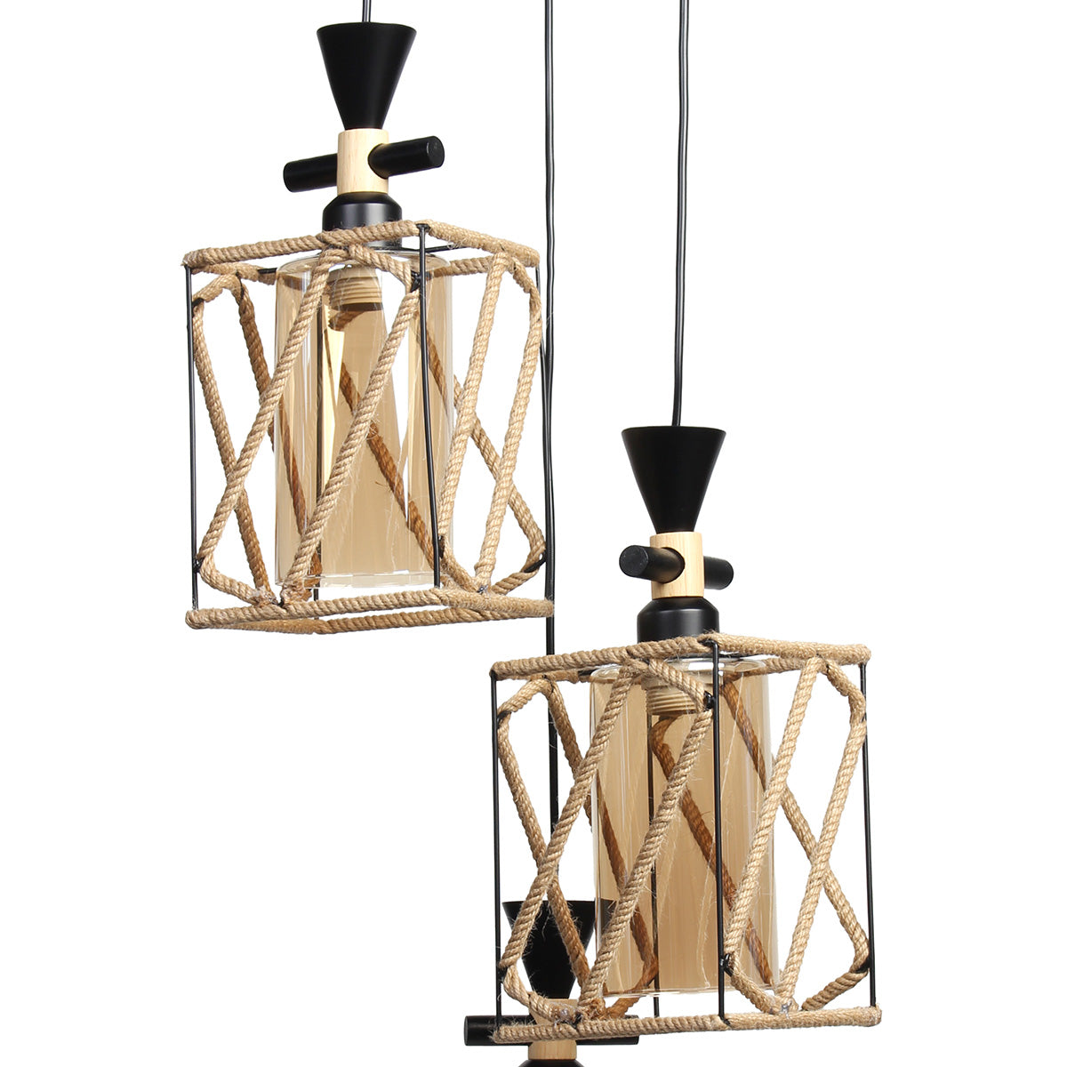 Φωτιστικό Μεταλλικό Κρεμαστό Άνισο 3 x Ε27 Φ23 εκ. Μαύρο με Σχοινί και Γυαλιά