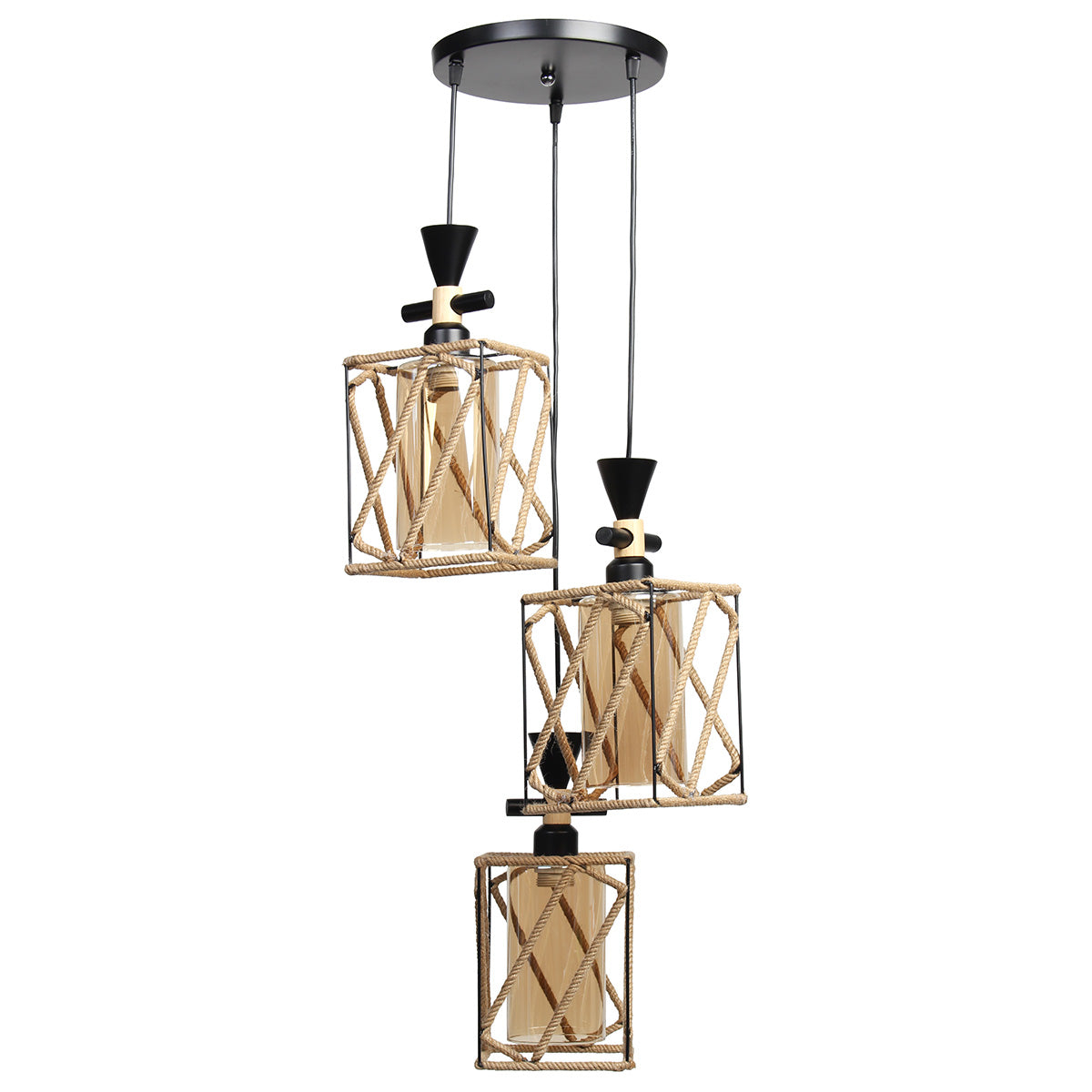 Φωτιστικό Μεταλλικό Κρεμαστό Άνισο 3 x Ε27 Φ23 εκ. Μαύρο με Σχοινί και Γυαλιά