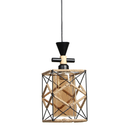 Φωτιστικό Μεταλλικό Κρεμαστό Μονόφωτο Ε27 15,5x15,5x33 εκ. Μαύρο με Σχοινί και Γυαλί