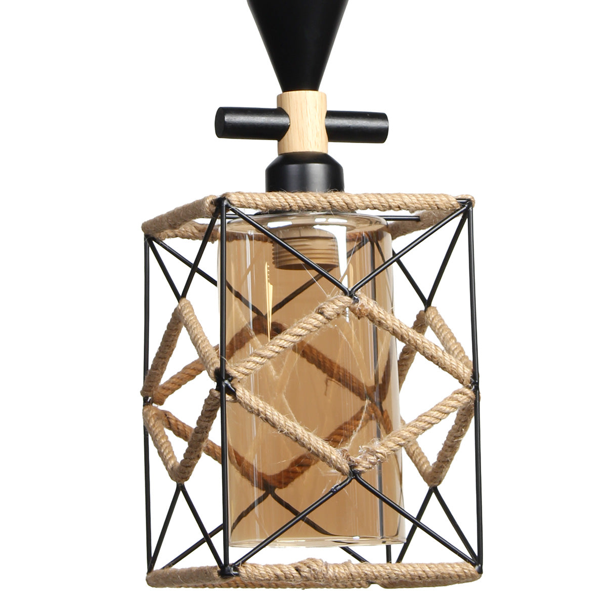 Φωτιστικό Μεταλλικό Κρεμαστό Μονόφωτο Ε27 15,5x15,5x33 εκ. Μαύρο με Σχοινί και Γυαλί